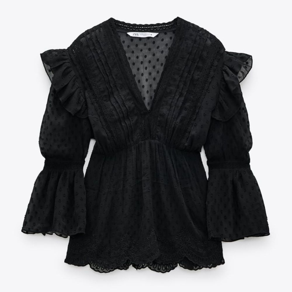 Zara Black Swiss Dot Lace-Trim V-Neck Blouse